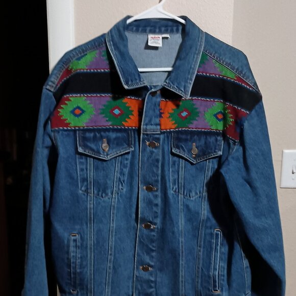 Maya Jones Import Women Blue Denim Jacket Size Large Southwest Aztec Design - Picture 1 of 15